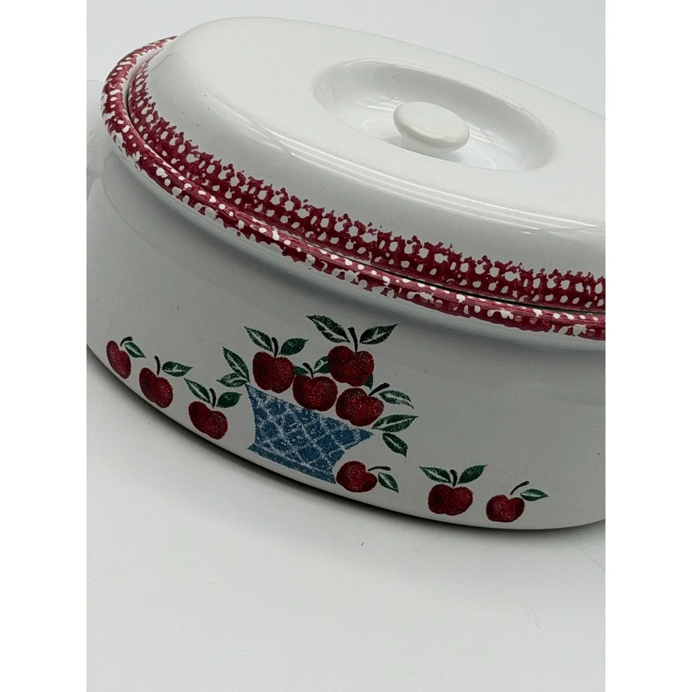 Vintage Apple Basket Oval Ceramic Casserole Dish with Lid Red Spongeware Trim